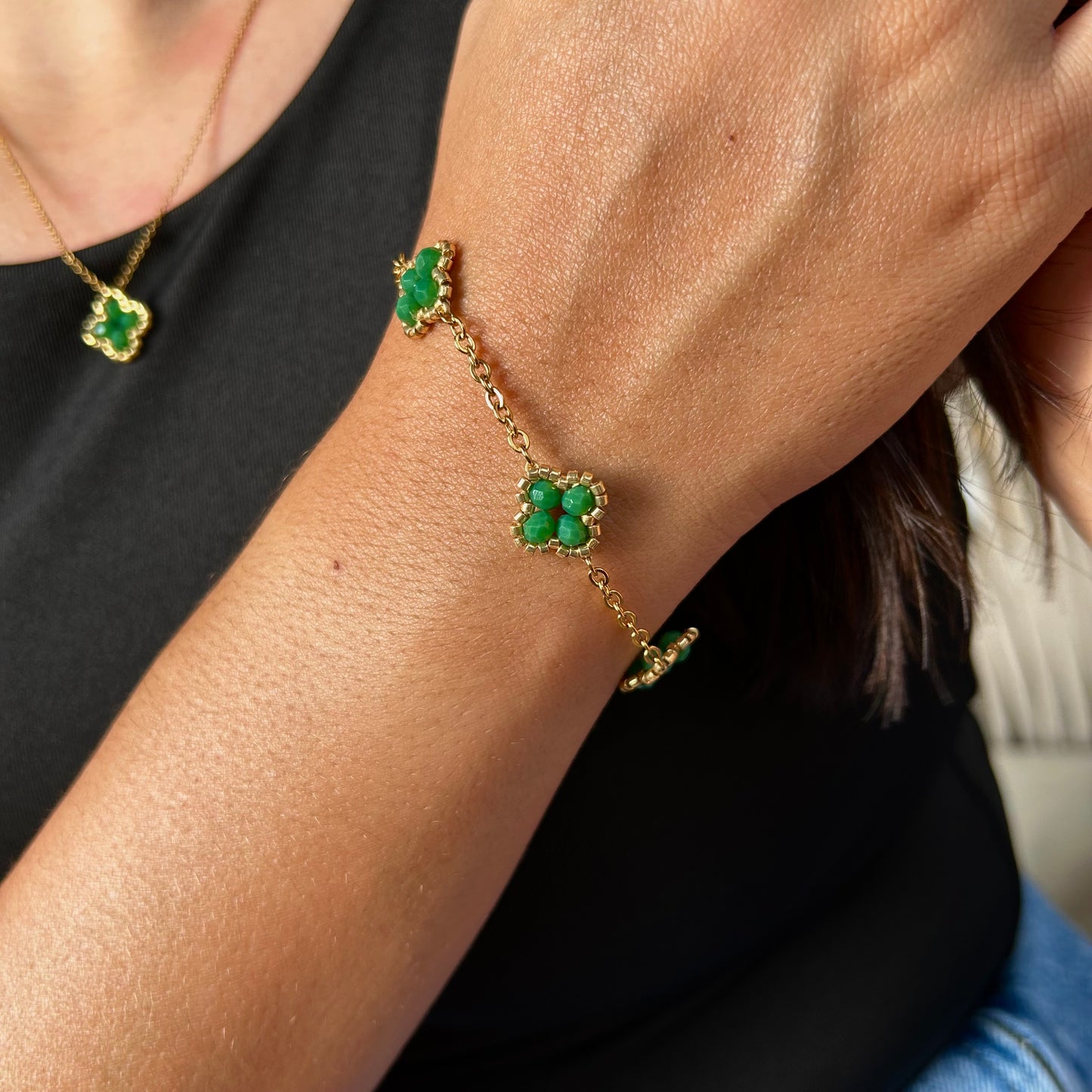 Set Pulsera y Cadena Buena Suerte Negro Verde Esmeralda