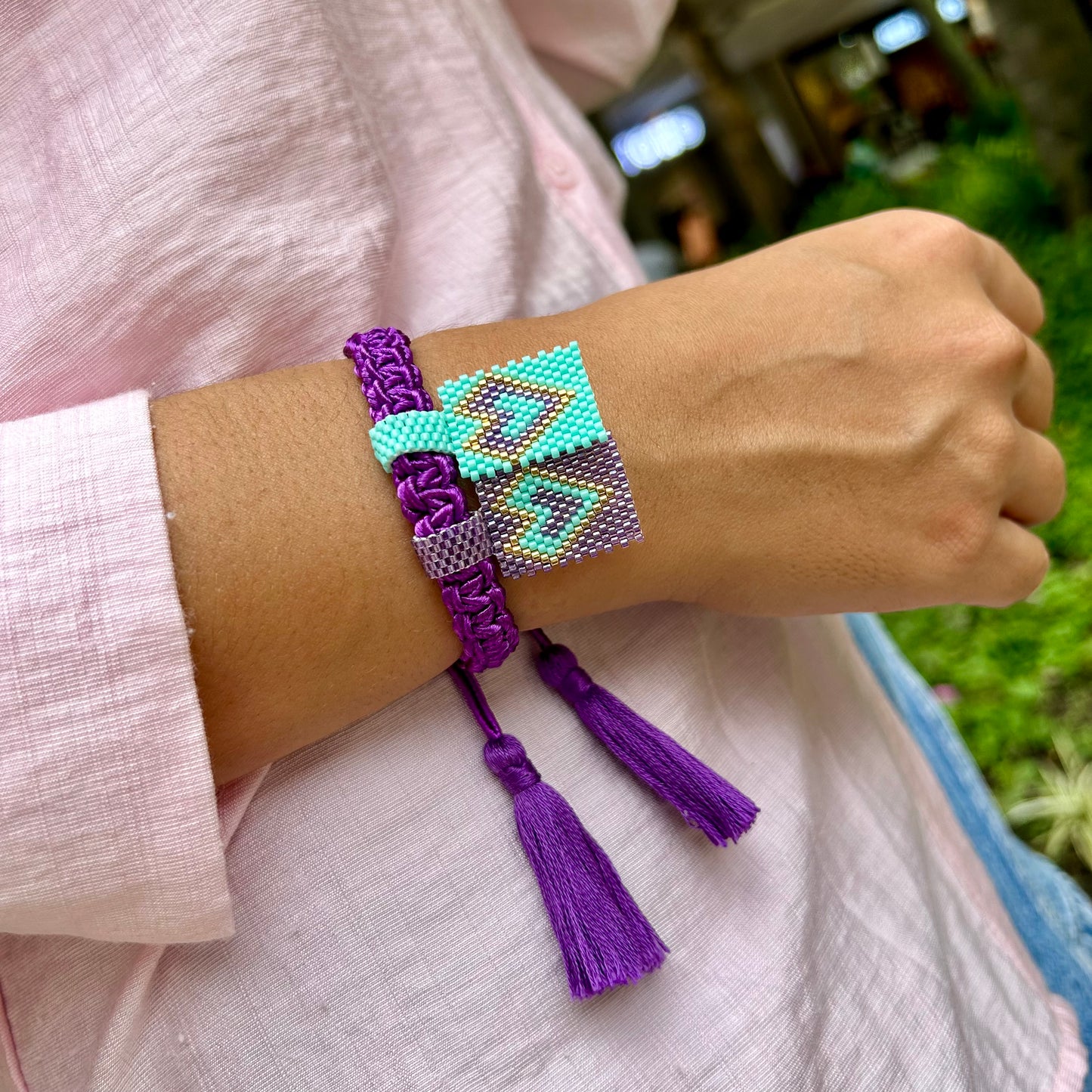 Pulsera tejida Macramé Morado y turquesa