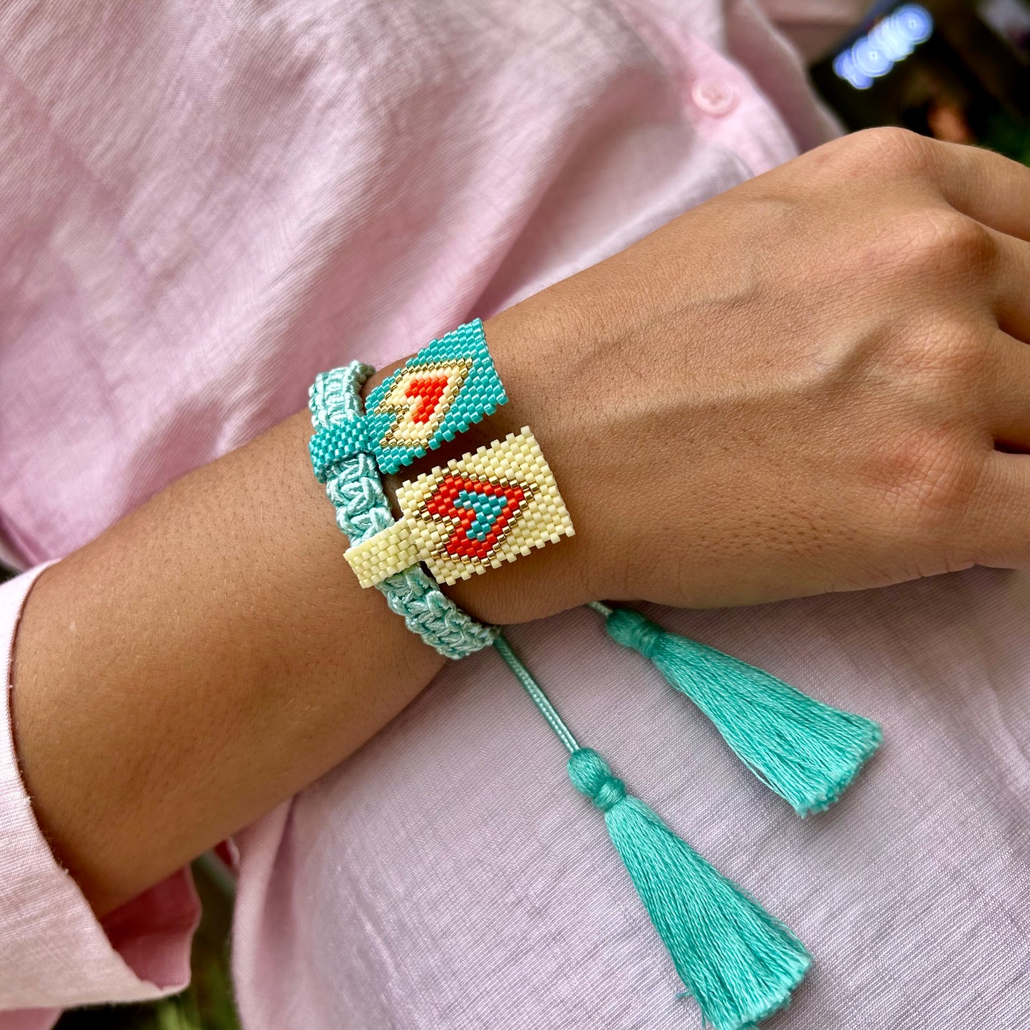 Pulsera tejida Macramé Amarillo pastel y Menta